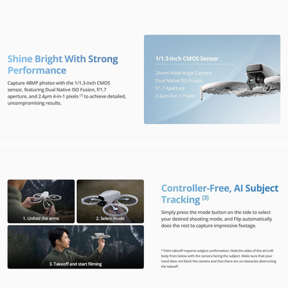 DJI Flip | RC 2 mit Display | 4K UHD Drohne | 31 Min Flugzeit | Palm-Start | Propellerschutz, Strobe-Light