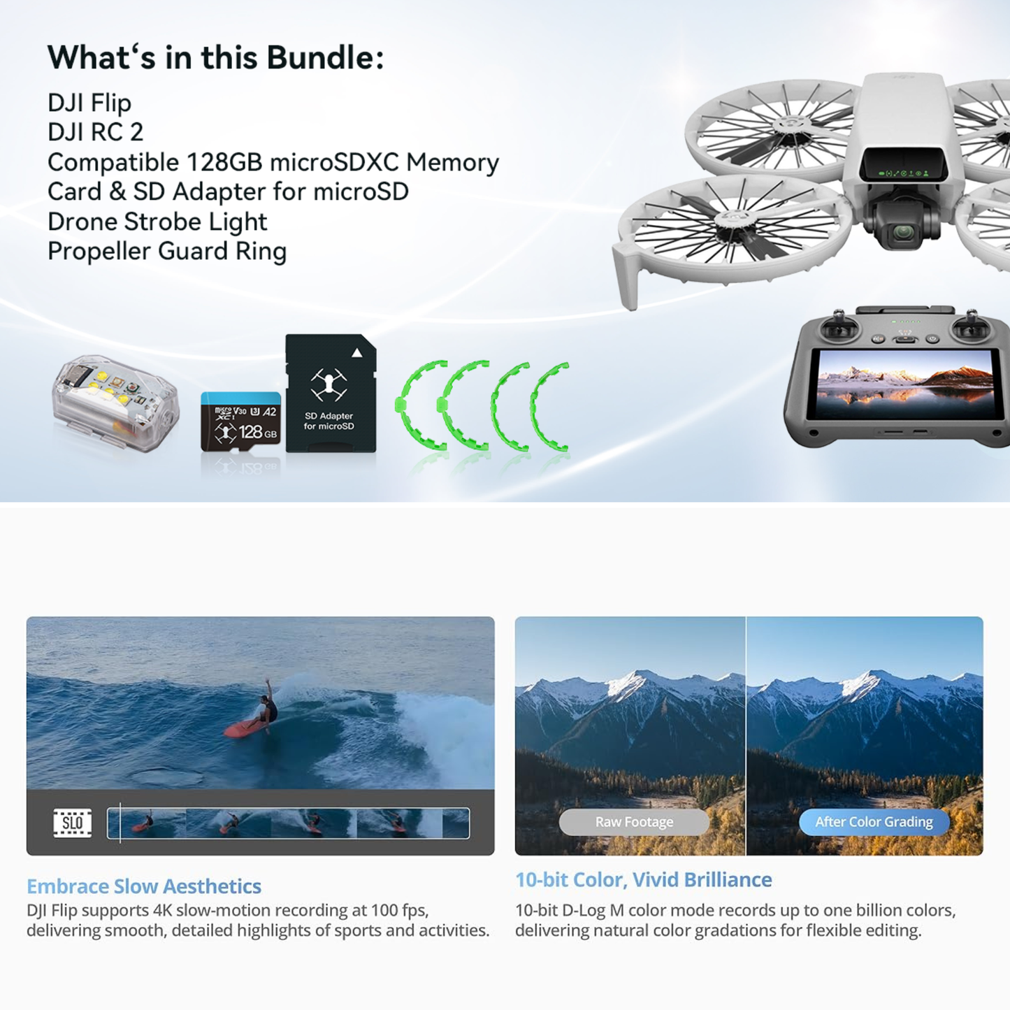 DJI Flip | RC 2 mit Display | 4K UHD Drohne | 31 Min Flugzeit | Palm-Start | Propellerschutz, Strobe-Light