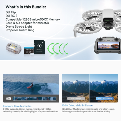 DJI Flip | RC 2 mit Display | 4K UHD Drohne | 31 Min Flugzeit | Palm-Start | Propellerschutz, Strobe-Light
