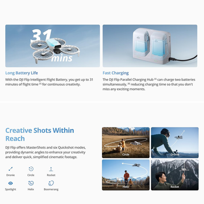 DJI Flip | RC 2 mit Display | 4K UHD Drohne | 31 Min Flugzeit | Palm-Start | Propellerschutz, Strobe-Light