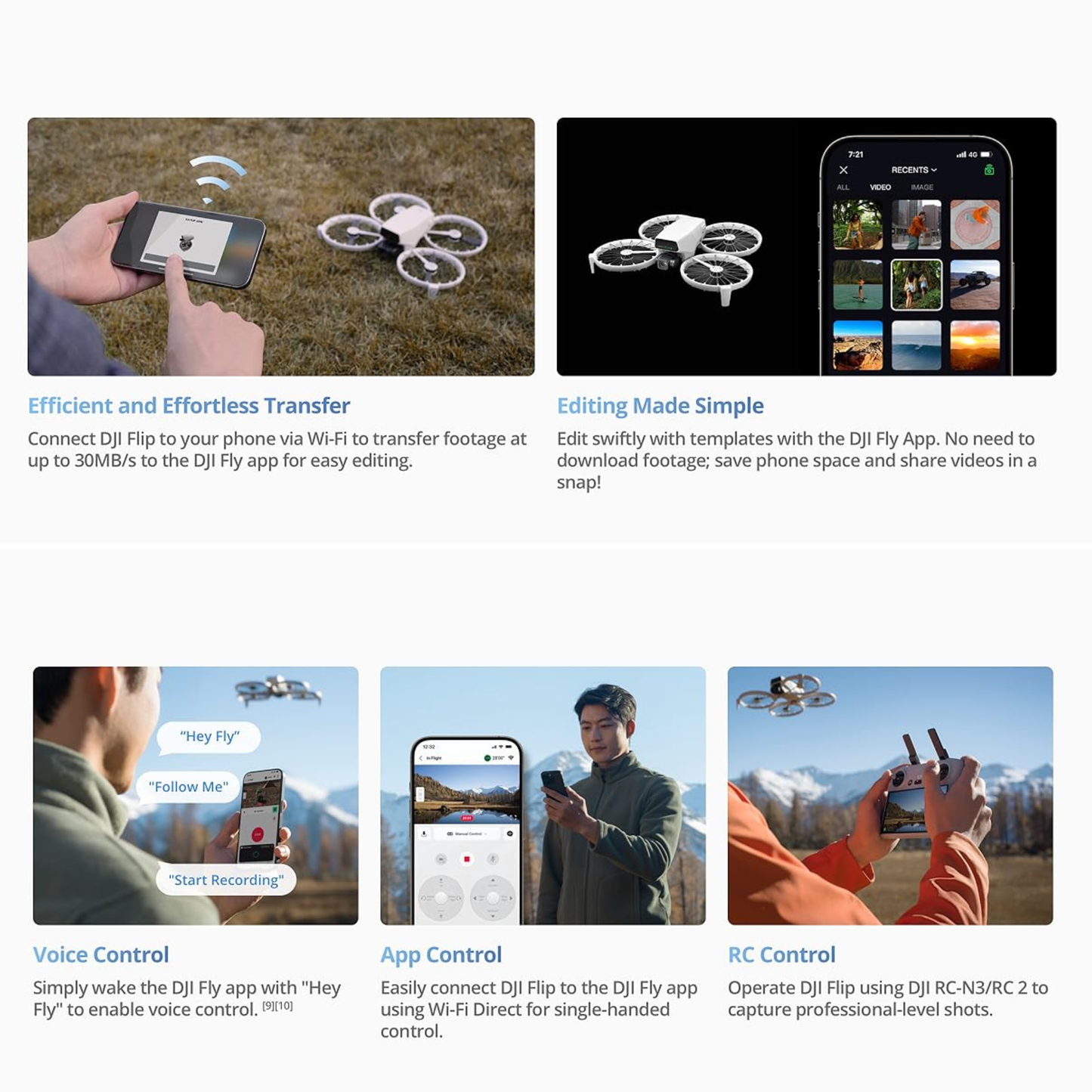 DJI Flip | RC 2 mit Display | 4K UHD Drohne | 31 Min Flugzeit | Palm-Start | Propellerschutz, Strobe-Light