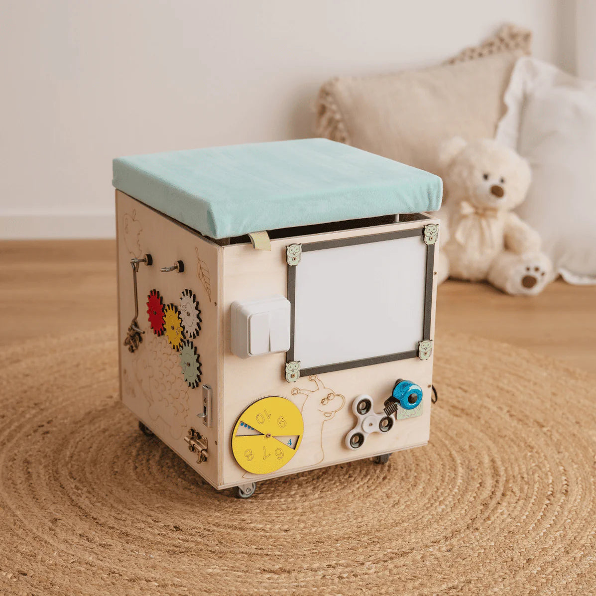 Montessori Multi-Aktivitäts-Truhe mit Sitzbank und Spielzeugaufbewahrung